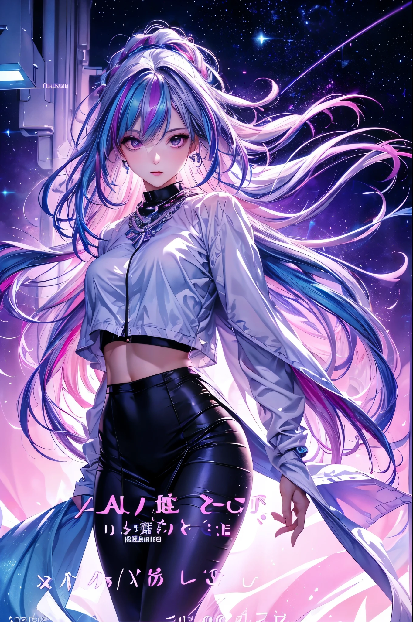 1 girl, 20 year old girl, one person, (Silver blue hair streaked pink purple:1.4), (Gradient sky blue hair ends:1.6), hair strand, absurdly long hair, single sidelock, wavy hair, shiny hair, floating hair, (Illusion deep purple eyes), delicate eyes, aqua eyes, super high detailed eyes, long upper eyelashes, ((glowing eyes)), makeup, Focus on face, Very detailed facial, Pretty Face, Perfect breasts, hot body, (Delicate skin texture:1.2), break, White extra long skirt, Fashion Clothing, necklace, Technical clothing masterpiece, on the street, looking at the starry night sky, meteor, cyberpunk, detailed background, perfect layer cut, clean focus, (magazine:1.3), (cover-style:1.3), Octane Render, Tyndall effect, lifelike, Dark Studio, Side light, Two-color lighting, realism, chiaroscuro, (glowing light), sparkle, ray tracing, cinematic lighting, Futurism, motion blur, atmospheric perspective, Depth of Field, Bokeh, best quality, UHD, super detail, masterpiece, highres, ccurate, retina, anatomically correct