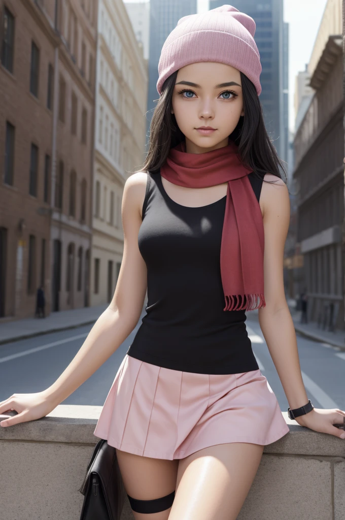 pokemondawn, pokemon dawn, black hair, blue eyes, sidelocks, long hair, (small breasts:1.2),
BREAK bare shoulders, beanie, black shirt, black socks, bracelet, hat, jewelry, kneehighs, miniskirt, pink skirt, red scarf, scarf, shirt, skirt, sleeveless, sleeveless shirt, white headwear,
BREAK looking at viewer, (full body:1.2), upper body,
BREAK outdoors, city, sky,
BREAK (masterpiece:1.2), best quality, high resolution, unity 8k wallpaper, (illustration:0.8), (beautiful detailed eyes:1.6), extremely detailed face, perfect lighting, extremely detailed CG, (perfect hands, perfect anatomy),