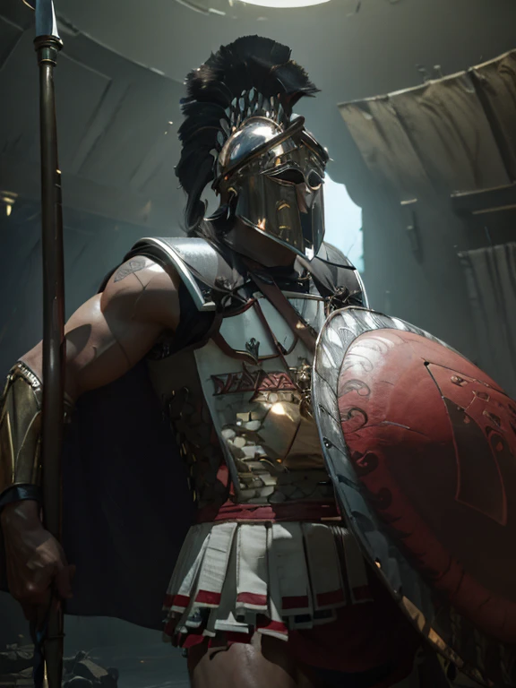 (master piece:1.5), (best quality:1.5), (exquisite lighting and shadow, highly dramatic picture, cinematic lens effect) (Photorealistic picture) highly detailed, realistic, cinematic lighting, studio quality, 8k, wallpaper, dynamic pose, anatomy correct, epic fantasy digital art, Epic composition, full body black skin very short hair Male knight wearing a black leather armor with red accents, long black cape, holding a large spear and shield