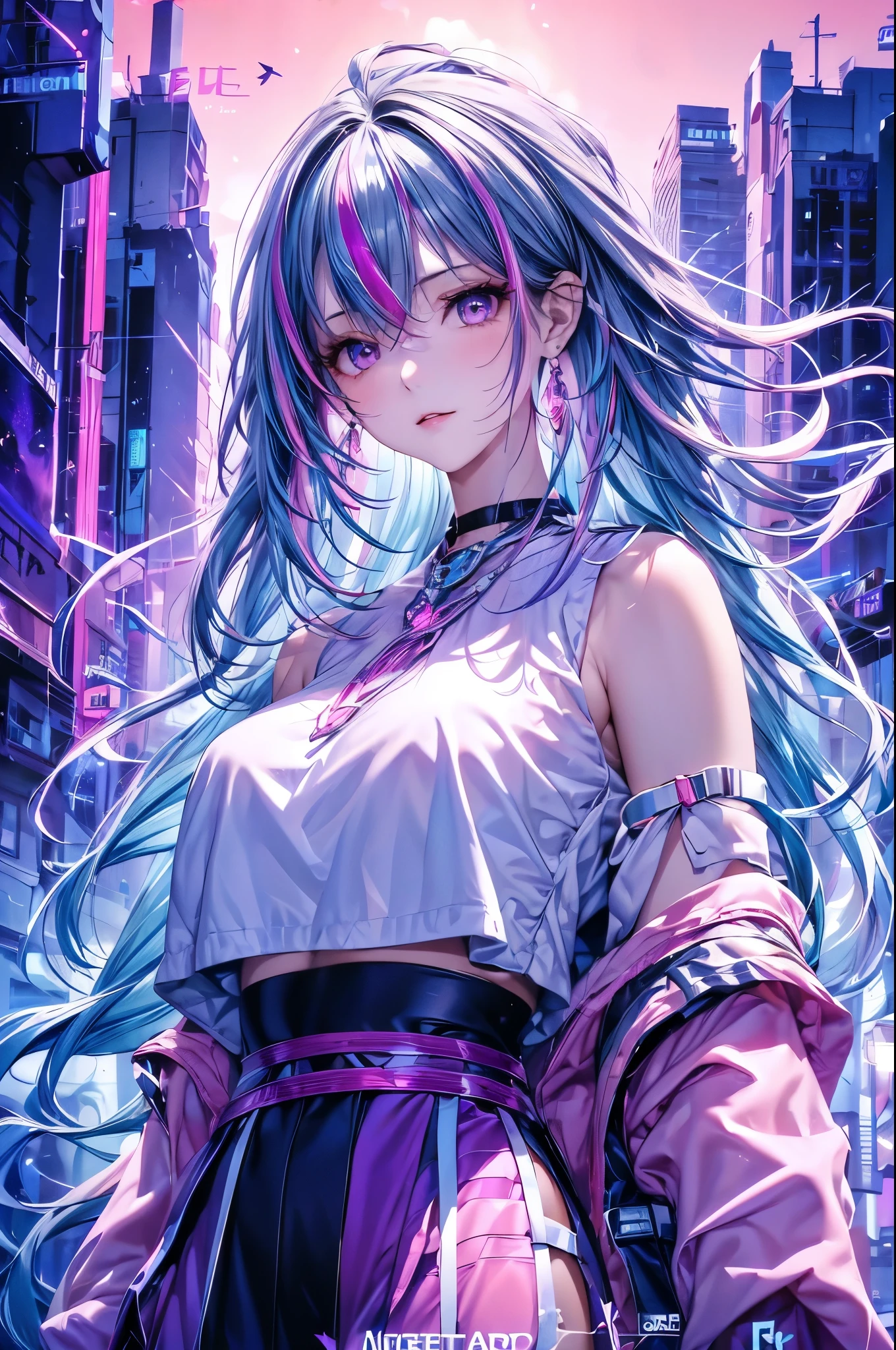 1 girl, 20 year old girl, one person, (Silver blue hair streaked pink purple:1.4), (Gradient sky blue hair ends:1.6), hair strand, absurdly long hair, single sidelock, wavy hair, shiny hair, floating hair, (Illusion deep purple eyes), delicate eyes, aqua eyes, super high detailed eyes, long upper eyelashes, ((glowing eyes)), makeup, Focus on face, Very detailed facial, Pretty Face, Perfect breasts, hot body, (Delicate skin texture:1.2), break, White extra long skirt, Fashion Clothing, necklace, Technical clothing masterpiece, on the street, looking at the starry night sky, meteor, cyberpunk, detailed background, perfect layer cut, clean focus, (magazine:1.3), (cover-style:1.3), Octane Render, Tyndall effect, lifelike, Dark Studio, Side light, Two-color lighting, realism, chiaroscuro, (glowing light), sparkle, ray tracing, cinematic lighting, Futurism, motion blur, atmospheric perspective, Depth of Field, Bokeh, best quality, UHD, super detail, masterpiece, highres, ccurate, retina, anatomically correct