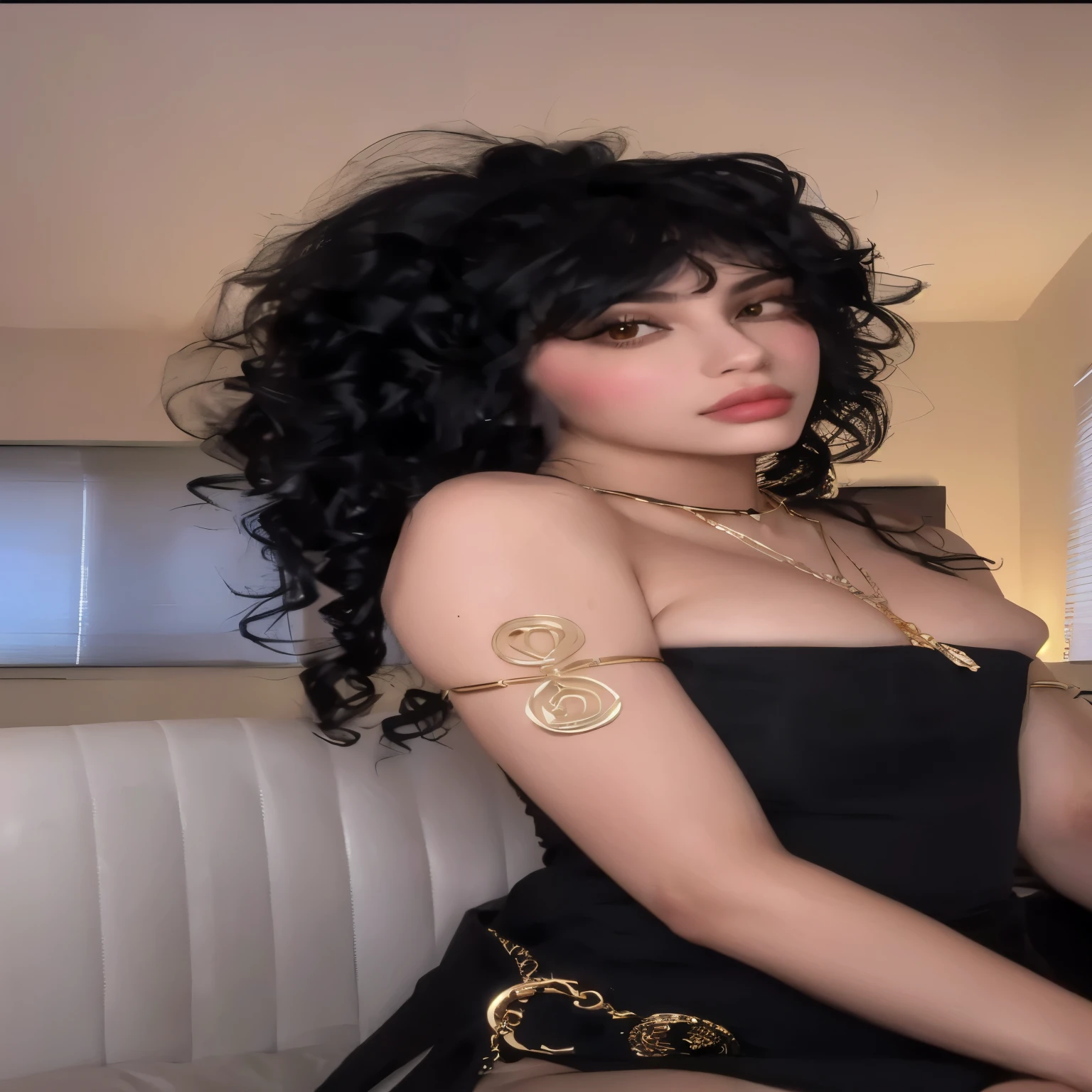 araffe woman in black dress and gold jewelry sitting on a sofa, encaracolado, Kylie Jenner, her black hair is a long encaracolado, encaracolado bangs, encaracolado black hair, encaracolado bangs and ponytail, jovem lindo amouranto, encaracolado dark hair, Deusa linda, long wild black encaracolado hair, charli xcx, inanna, estilo kiki picasso