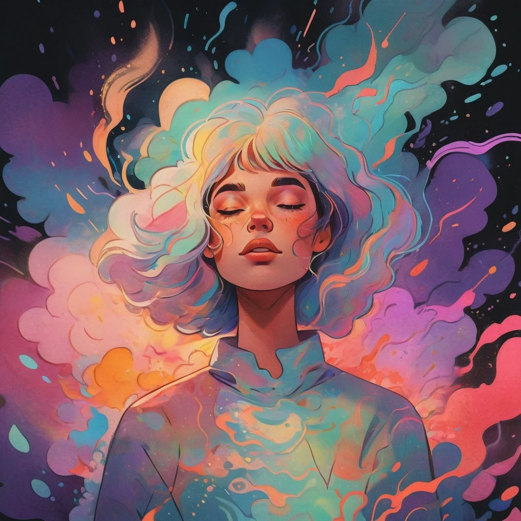 An artist's depiction of a celestial maiden, adult woman, astral, beautiful, celestial, cosmos, galaxy, space, stars, starry,starrystarscloudcolorful,Hair with scenery,in the style of t3xtn,iridescent, pearlescent,dark celestialskin body, void cosmic body, colored skin, flat color, jet black skin, silhouette,fantasy, art