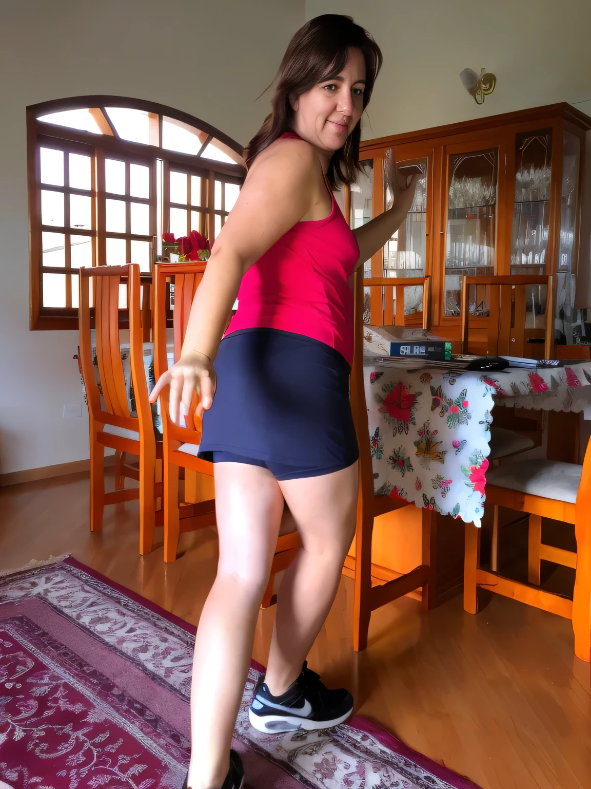 there is a woman standing on a skateboard in a living room, side shot, view from the back, latina, short skirt, side portrait, tight attire, mini-skirt, miniskirt, wearing tight simple clothes, back - shot, karla ortiz, in shorts, wearing skirt, the extremely hot and sexy, long shot from back, beautiful short skirt
