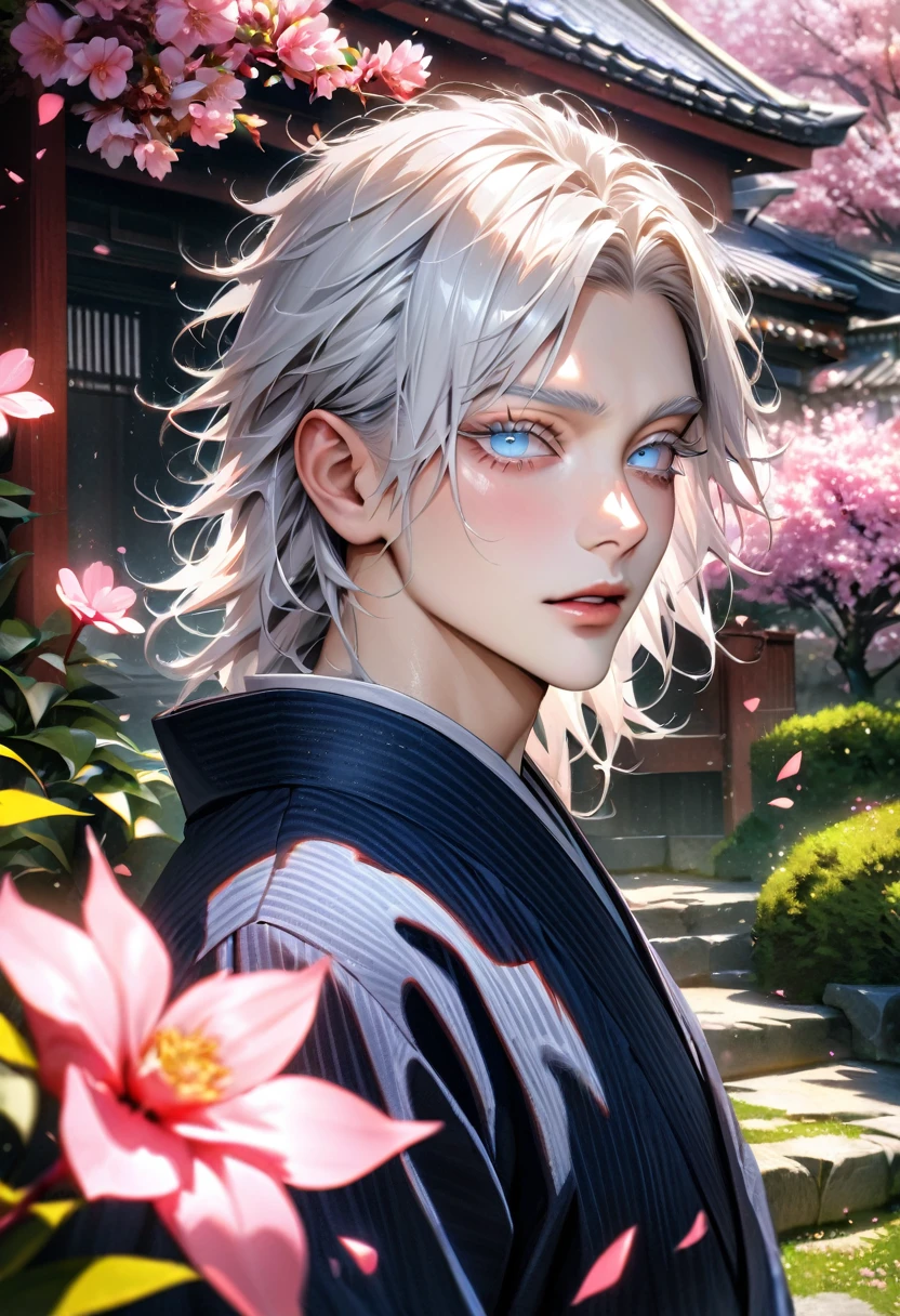 absurdres, highres, ultra detailed, HDR, masterpiece, realistic face, Gojo Satoru, white hair, with bangs, white eyelashes, expressive blue eyes, Jujutsu Kaisen, solo, sexy man, handsome, kimono, garden, blossoms, pink butterflies, pink flowers