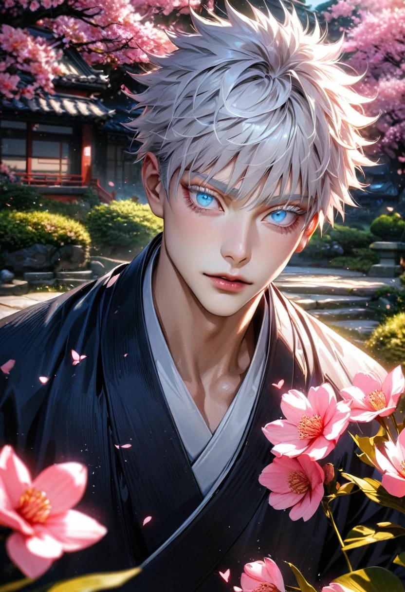 absurdres, highres, ultra detailed, HDR, masterpiece, realistic face, Gojo Satoru, white hair, with bangs, white eyelashes, expressive blue eyes, Jujutsu Kaisen, solo, sexy man, handsome, kimono, garden, blossoms, pink butterflies, pink flowers