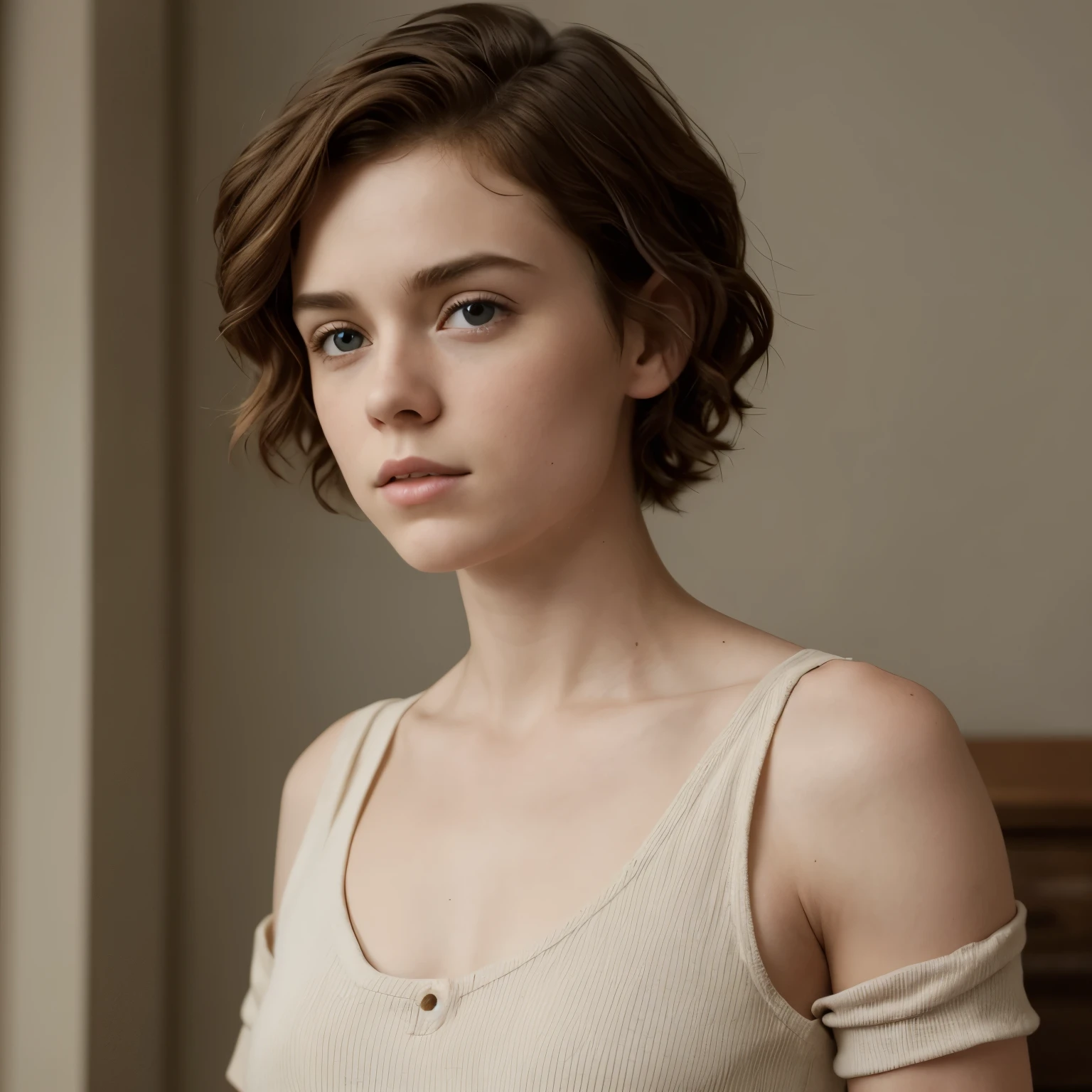 Muscular European woman with short wavy hair, Sophia Lillis, 