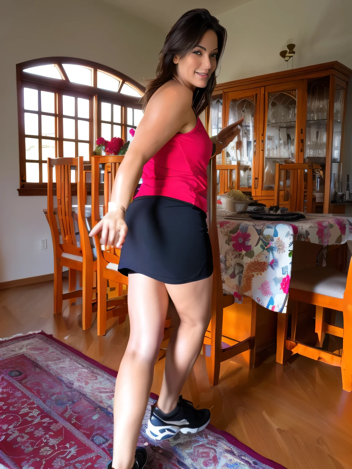 There is a beautiful woman, light brunette and tanned, walking in the dining room, with her hands moving as if she were dancing, back photo, side portrait. extremely hot and sexy, long shot from the back, beautiful short skirt. She is wearing a red tank top and a black miniskirt, with black sneakers. The living room has wooden floors and furniture, including chairs around a dining table. A rug is under her feet, photo taken from the side, photo taken from behind, red tank top. She is dressed casually for comfort, wearing a vibrant red tank top that contrasts with her black shorts/skirt, in good physical shape, leg and hip photo, fitness body, wide full body photo, slim waist and thick hips. Woman with white skin, tanned, around 40 years old and dark hair, measuring 164 cm tall and weighing around 55 kg, highly realistic, reddish skin, hyperrealism, very elaborate skin, full body photo, clear photo, tall quality, high resolution, masterpiece, (photographically realistic) UHD, high contrast, masterpiece 16K: 1.3, high resolution, (photographically realistic), NUDE, NUDITY, NFSW.