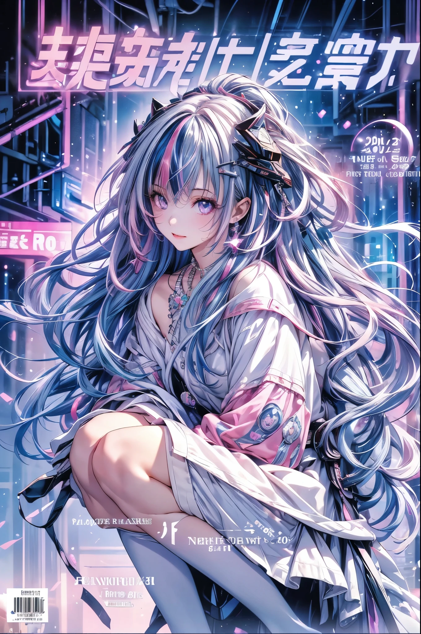 1 girl, 20 year old girl, one person, (Silver blue hair streaked pink purple:1.4), (Gradient sky blue hair ends:1.6), hair strand, absurdly long hair, single sidelock, wavy hair, shiny hair, floating hair, (Illusion deep purple eyes), delicate eyes, aqua eyes, super high detailed eyes, long upper eyelashes, ((glowing eyes)), makeup, Focus on face, Very detailed facial, Pretty Face, Perfect breasts, hot body, (Delicate skin texture:1.2), break, White extra long skirt, Fashion Clothing, necklace, Technical clothing masterpiece, on the street, looking at the starry night sky, meteor, cyberpunk, detailed background, perfect layer cut, clean focus, (magazine:1.3), (cover-style:1.3), Octane Render, Tyndall effect, lifelike, Dark Studio, Side light, Two-color lighting, realism, chiaroscuro, (glowing light), sparkle, ray tracing, cinematic lighting, Futurism, motion blur, atmospheric perspective, Depth of Field, Bokeh, best quality, UHD, super detail, masterpiece, highres, ccurate, retina, anatomically correct