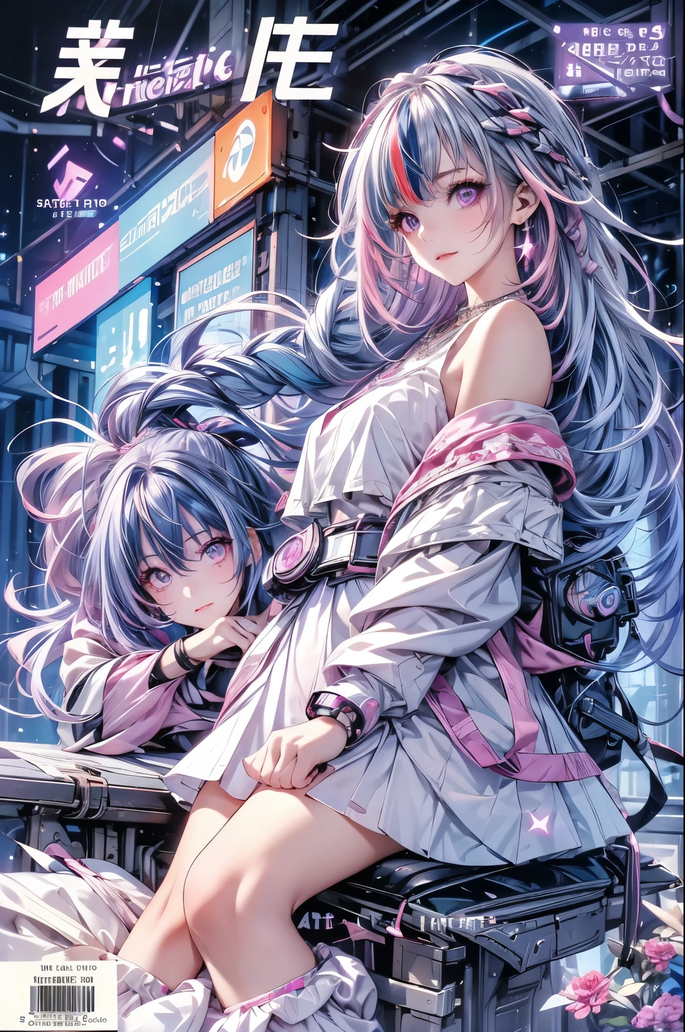 1 girl, 20 year old girl, one person, (Silver blue hair streaked pink purple:1.4), (Gradient sky blue hair ends:1.6), hair strand, absurdly long hair, single sidelock, wavy hair, shiny hair, floating hair, (Illusion deep purple eyes), delicate eyes, aqua eyes, super high detailed eyes, long upper eyelashes, ((glowing eyes)), makeup, Focus on face, Very detailed facial, Pretty Face, Perfect breasts, hot body, (Delicate skin texture:1.2), break, White extra long skirt, Fashion Clothing, necklace, Technical clothing masterpiece, on the street, looking at the starry night sky, meteor, cyberpunk, detailed background, perfect layer cut, clean focus, (magazine:1.3), (cover-style:1.3), Octane Render, Tyndall effect, lifelike, Dark Studio, Side light, Two-color lighting, realism, chiaroscuro, (glowing light), sparkle, ray tracing, cinematic lighting, Futurism, motion blur, atmospheric perspective, Depth of Field, Bokeh, best quality, UHD, super detail, masterpiece, highres, ccurate, retina, anatomically correct