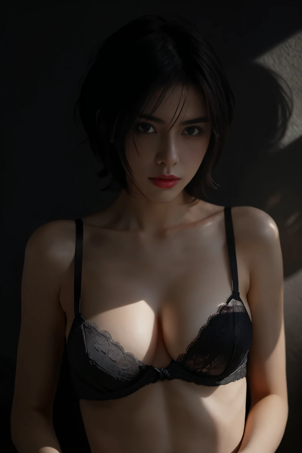 Best quality, masterpiece, ultra high res, (photorealistic:1.5), raw photo, 1girl,, in the dark, deep shadow, low key, cold light, sexy look, short hair, smooth , sexy, , leaf shadow, bra and pantie