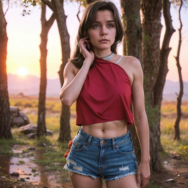 2076 year. Wasteland Ruins, picking fruit in the garden, , badly torn shirt and denim shorts , Long legs, sweat, Sunrise, Nice warm colors, from head to toe, full body shot, beautiful hands, perfect fingers,