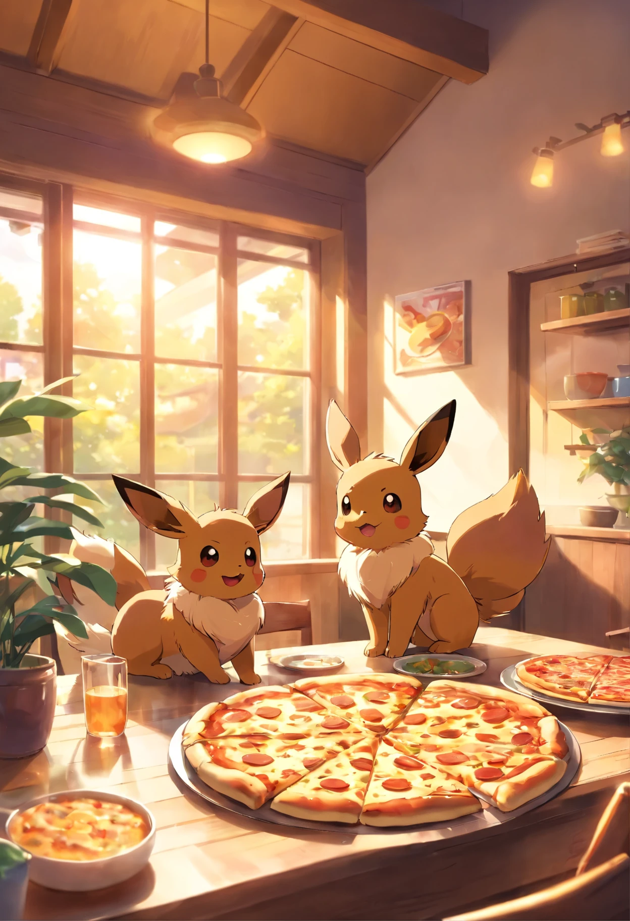 one eevee_(Pokémon) enjoying a slice of pizza in a sunny Dining room, with a Comfort atmosphere, Aroma, and bright colors. (best quality,4K,8k,high resolution,masterpiece:1.2),Super detailed,(Practical,photoPractical,photo-Practical:1.37), HDR, Ultra HD, Studio Lighting, Extremely detailed description, professional, Bright colors, Bokeh, portrait, food, Lovely, Playful, Comfort, Sunlight, pizza, eevee_(Pokémon), Dining room.