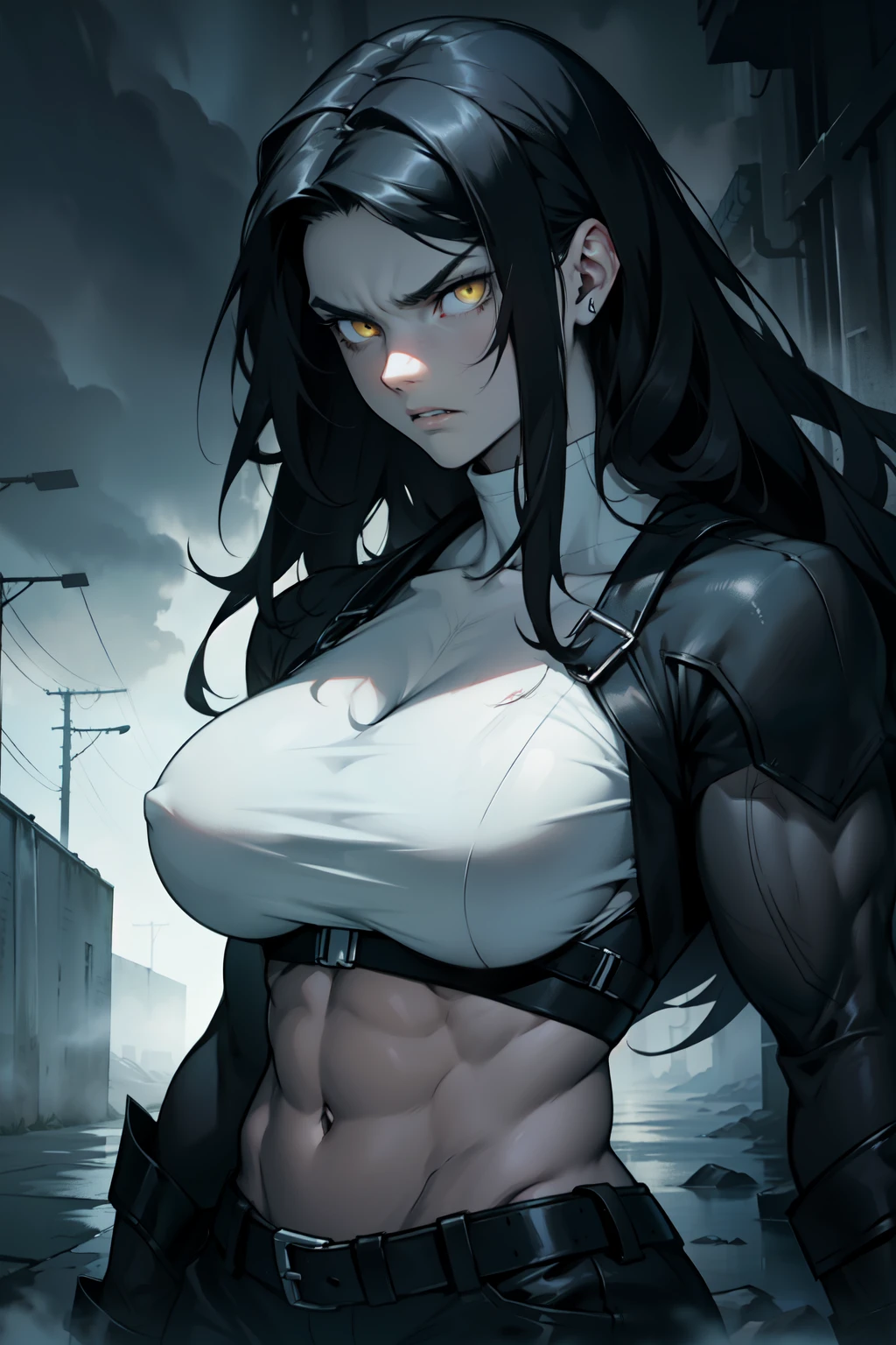 huge 1girl black hair yellow eyes very long hair pale skin angry (((muscular))) dark atmosphere foggy