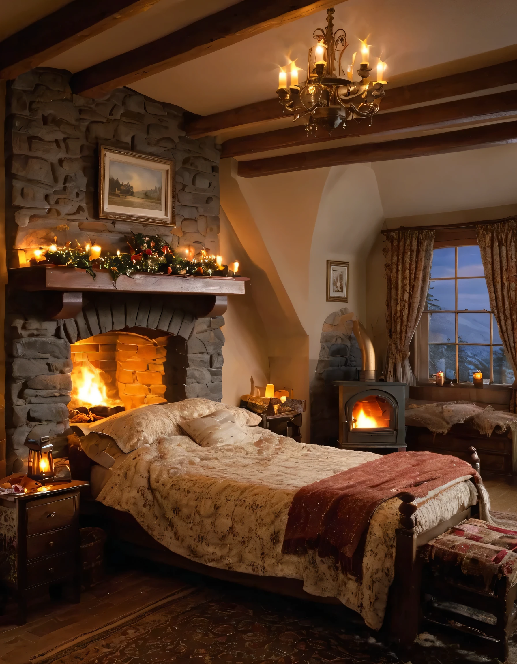 arafed bedroom with a fireplace and a bed with a blanket, thomas kinkade. cute cozy room, cozy and calm, cozy setting, very cozy, cozy wallpaper, cozy room, cozy place, cozy and peaceful atmosphere, cosy enchanted scene, cozy candlelight, cozy environment, cozy bed, soothing and cozy landscape, cozy atmosphere, cosy fireplace