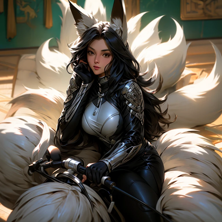 1 girl, alone, (dramatic, rough, intense:1.4),masterpiece, highest quality, 32k uh, insane details, intricate details, very detailed, hyper quality, high detail, super detailed, masterpiece, A prostitute sitting on a bed in a dark room, purple flame and black swirl, Sensational costumes, (9fox tail:1.3), elaborate costumes, full body photo, fox tail, fox tail:0.8>