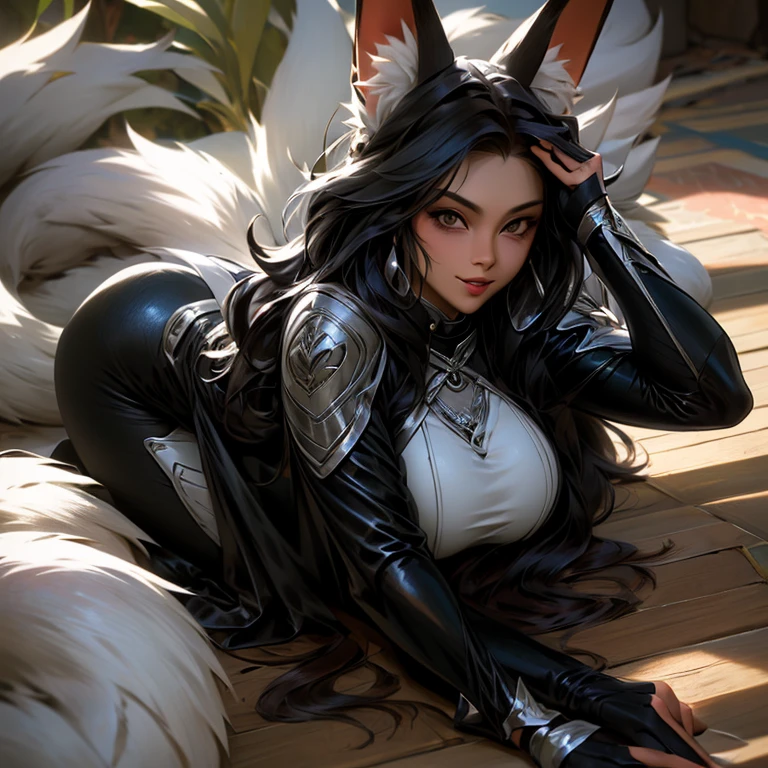 A woman in a motorcycle riding suit with fox ears and a tail