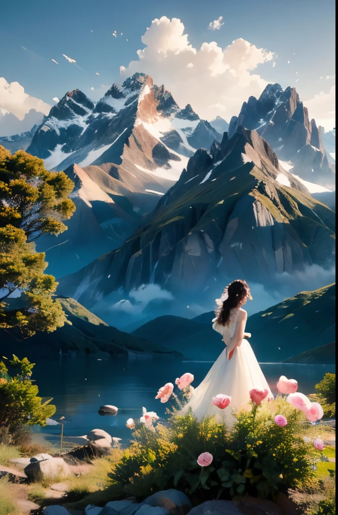 1 girl,flower，Mountains，mist，Back