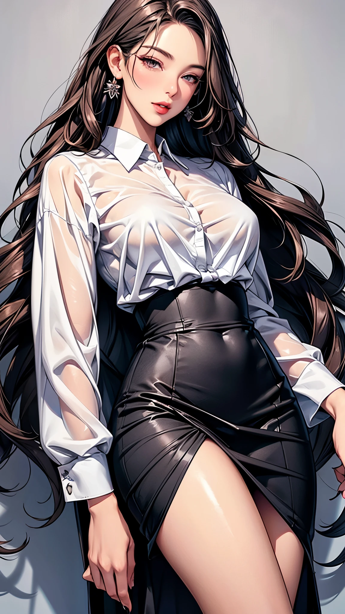 A woman, 30 years old, Mature, Super Textured Hair, Very long wavy hair, Half up, half down, Pretty face, super detailed eyes, Growing eye hair, Shining pupils, Charming eyes, Beautiful and delicate lips, seductive smile, A faint blush, very detailed face, Extra detailed body, High quality real skin texture, (High-end semi-transparent chiffon office clothing design), White collared shirt, Black skirt, Lace trim at hem, Clear nipples