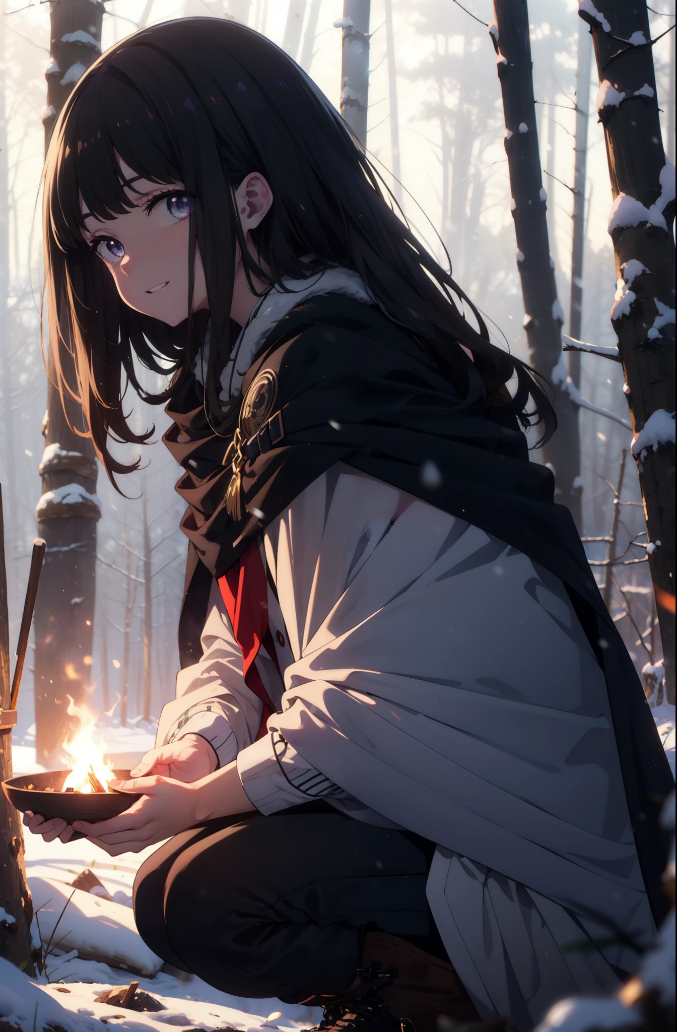 Takiuchi, Inoue Check, Long Hair, bangs, Black Hair, (Purple eyes:1.2),smile,
Open your mouth,snow,Bonfire, Outdoor, boots, snowing, From the side, wood, suitcase, Cape, Blurred, forest, nature, Squat, Cape, winter, Written boundary depth, Black shoes, blue Cape break looking at viewer, Upper Body, whole body, break Outdoor, forest, nature, break (masterpiece:1.2), highest quality, High resolution, unity 8k wallpaper, (shape:0.8), (Beautiful and beautiful eyes:1.6), Highly detailed face, Perfect lighting, Extremely detailed CG, (Perfect hands, Perfect Anatomy),