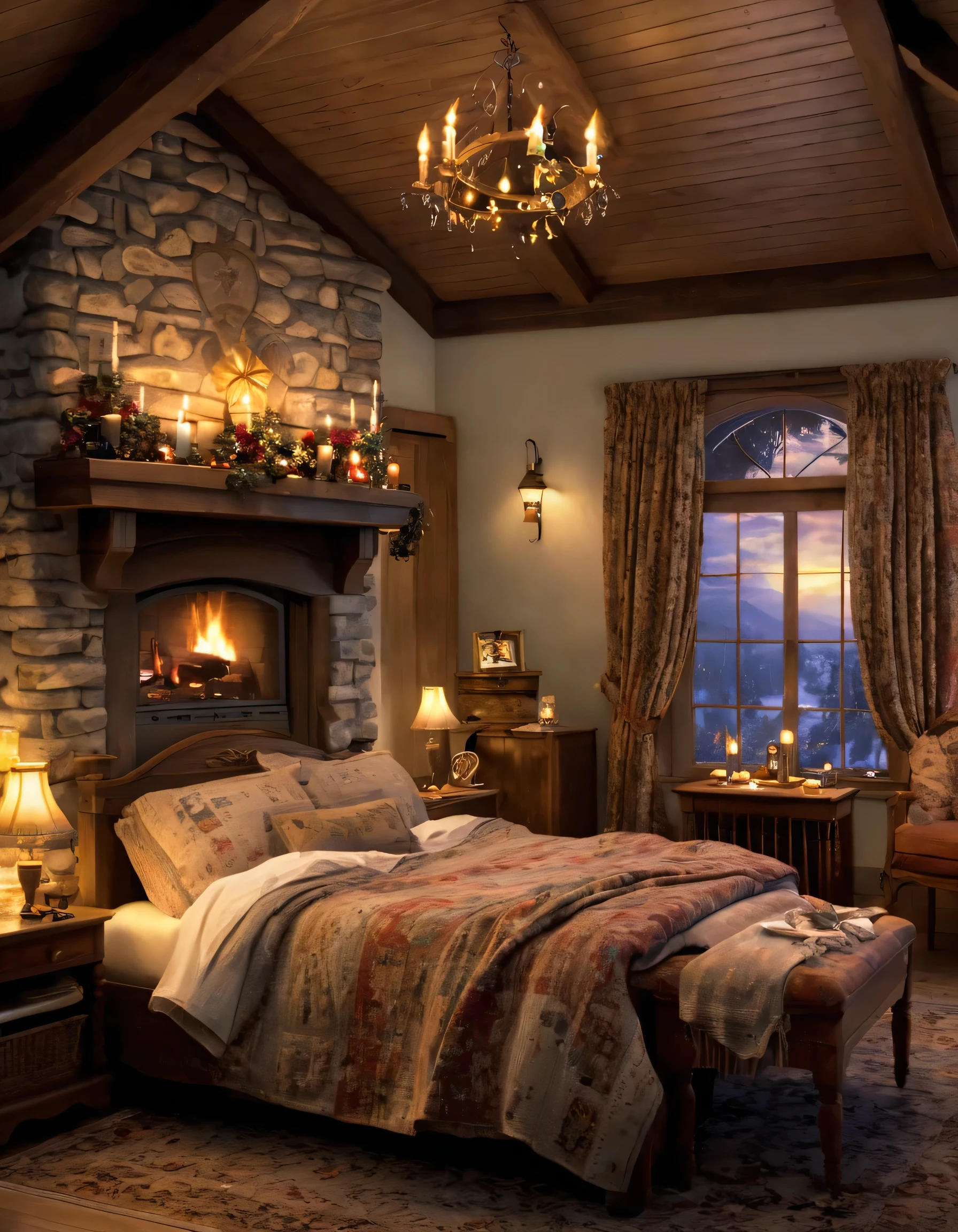 arafed bedroom with a fireplace and a bed with a blanket, thomas kinkade. cute cozy room, cozy and calm, cozy setting, very cozy, cozy wallpaper, cozy room, cozy place, cozy and peaceful atmosphere, cosy enchanted scene, cozy candlelight, cozy environment, cozy bed, soothing and cozy landscape, cozy atmosphere, cosy fireplace