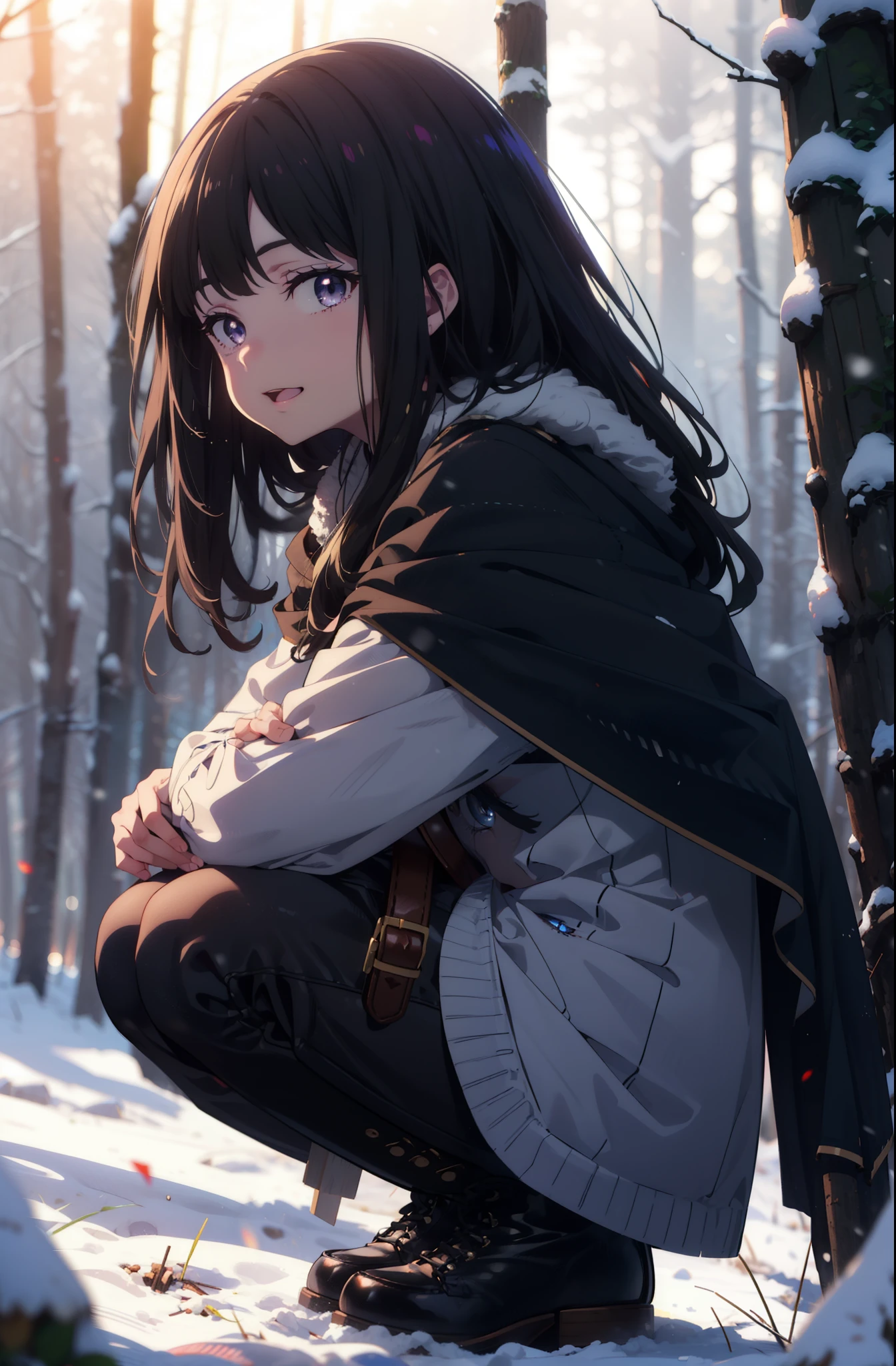 Takiuchi, Inoue Check, Long Hair, bangs, Black Hair, (Purple eyes:1.2),smile,
Open your mouth,snow,Bonfire, Outdoor, boots, snowing, From the side, wood, suitcase, Cape, Blurred, forest,  nature, Squat,  Cape, winter, Written boundary depth, Black shoes, blue Cape break looking at viewer, Upper Body, whole body, break Outdoor, forest, nature, break (masterpiece:1.2), highest quality, High resolution, unity 8k wallpaper, (shape:0.8), (Beautiful and beautiful eyes:1.6), Highly detailed face, Perfect lighting, Extremely detailed CG, (Perfect hands, Perfect Anatomy),
