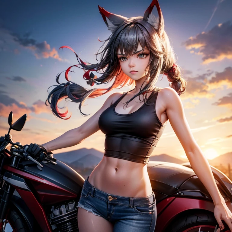 A woman with fox ears and a tail, wearing a tank top and low-rise jeans, riding a motorcycle