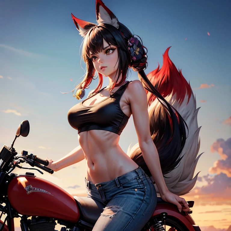 A woman with fox ears and a tail, wearing a tank top and low-rise jeans, riding a motorcycle