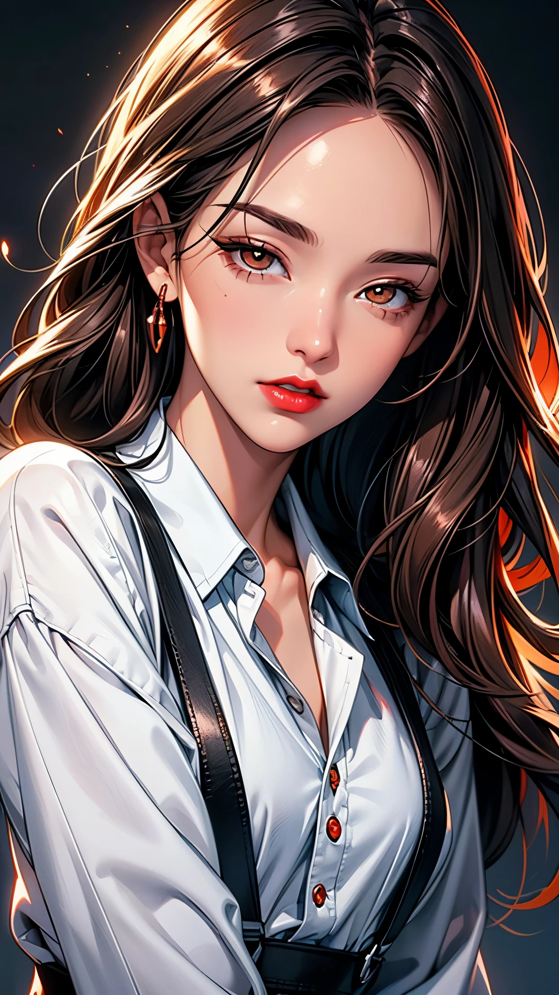 (Best quality at best,8K,A high resolution,tmasterpiece:1.2),Digital artwork, one girl,detailed face,detailed eyes,dark brown hair,long straight hair,glowing orange eyes,red lip,Suspenders