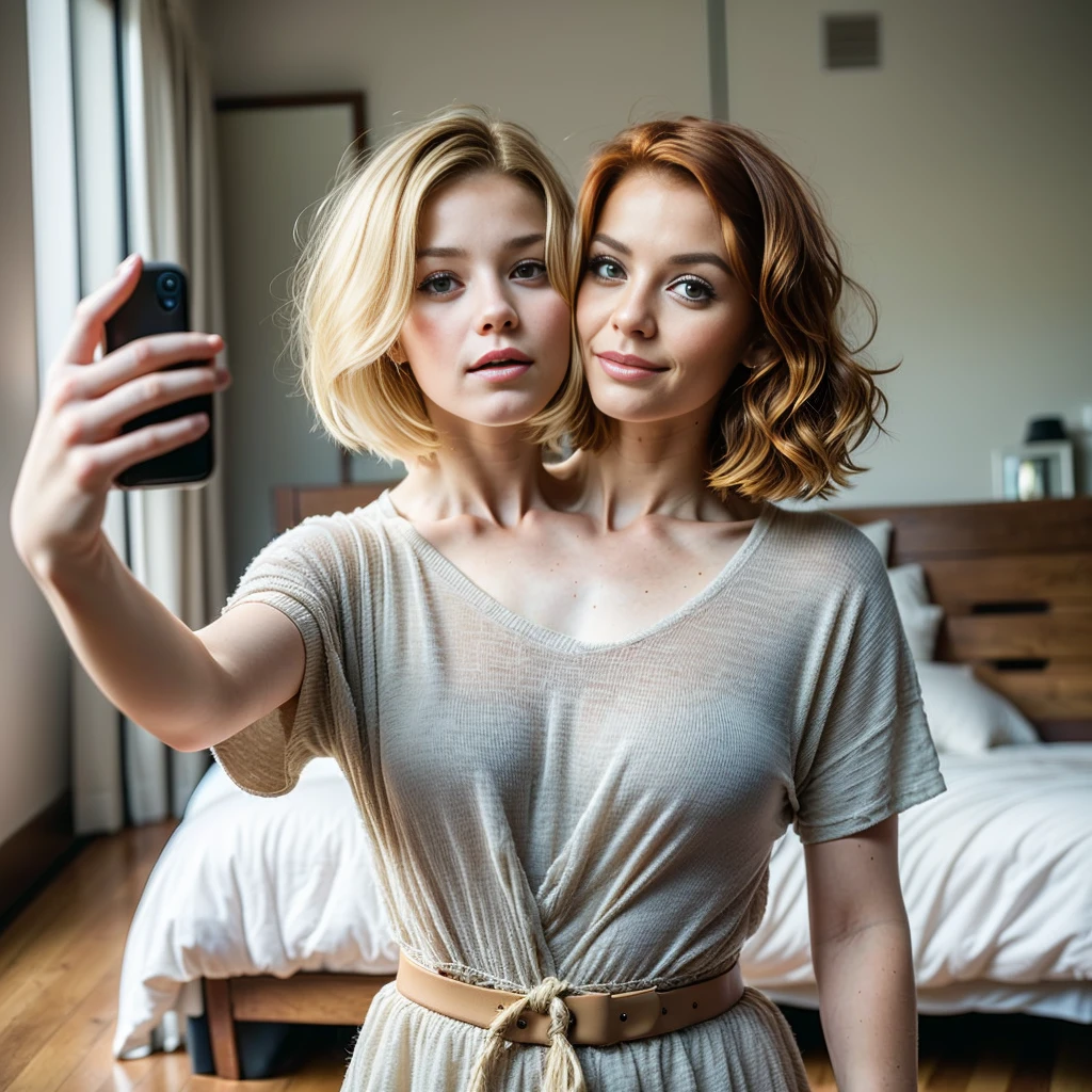 2heads, (one head child:1.5), (one head adult:1.5), (a blonde and a redhead:1.3)