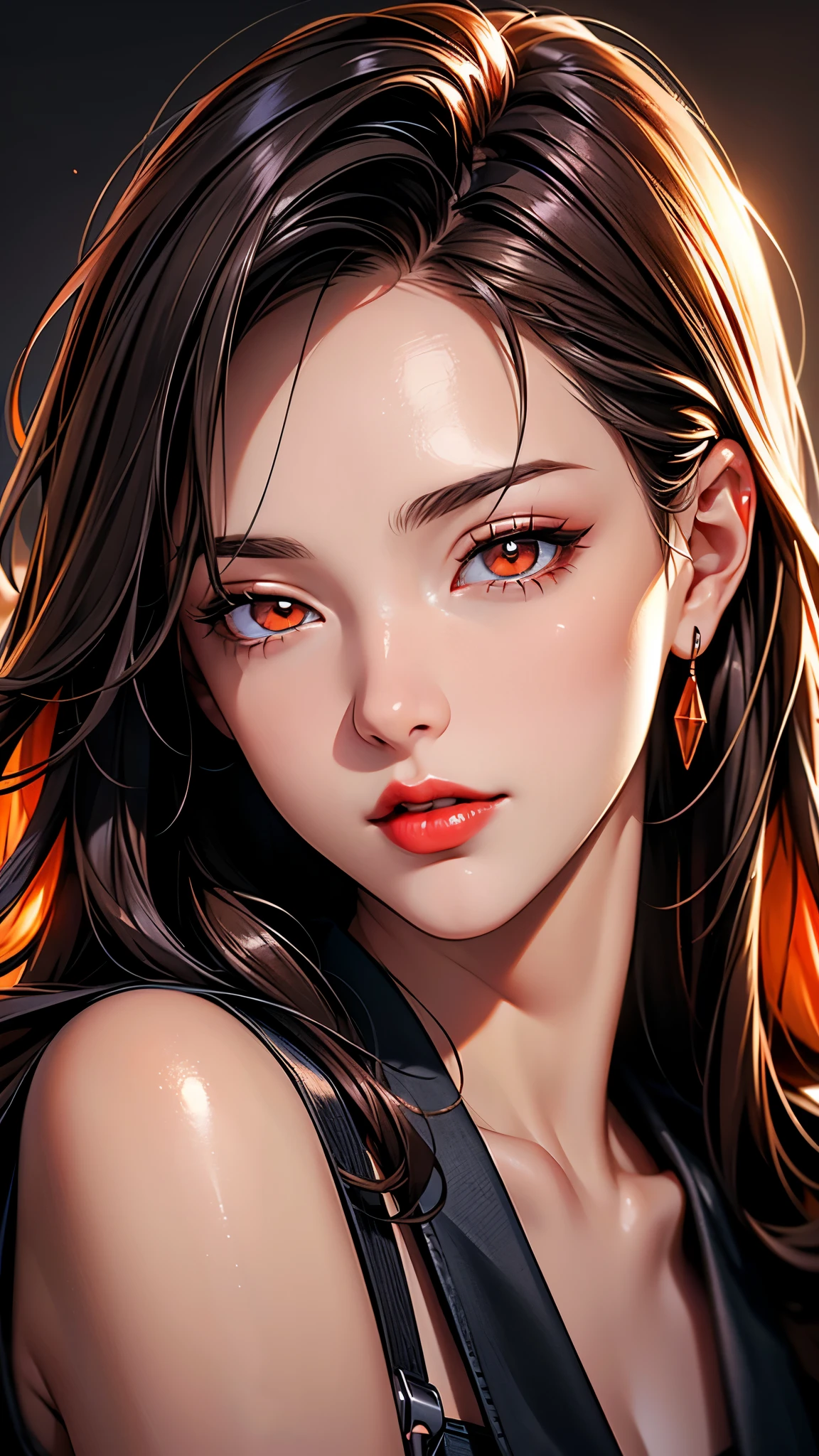 (Best quality at best,8K,A high resolution,tmasterpiece:1.2),Digital artwork, one girl，detailed face，detailed eyes，dark brown hair，long straight hair，glowing orange eyes，red lip，Suspenders