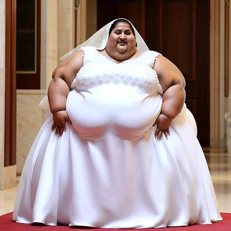 sbbw solo extremely morbidly obese Omani woman full body alone wearing a white wedding dress