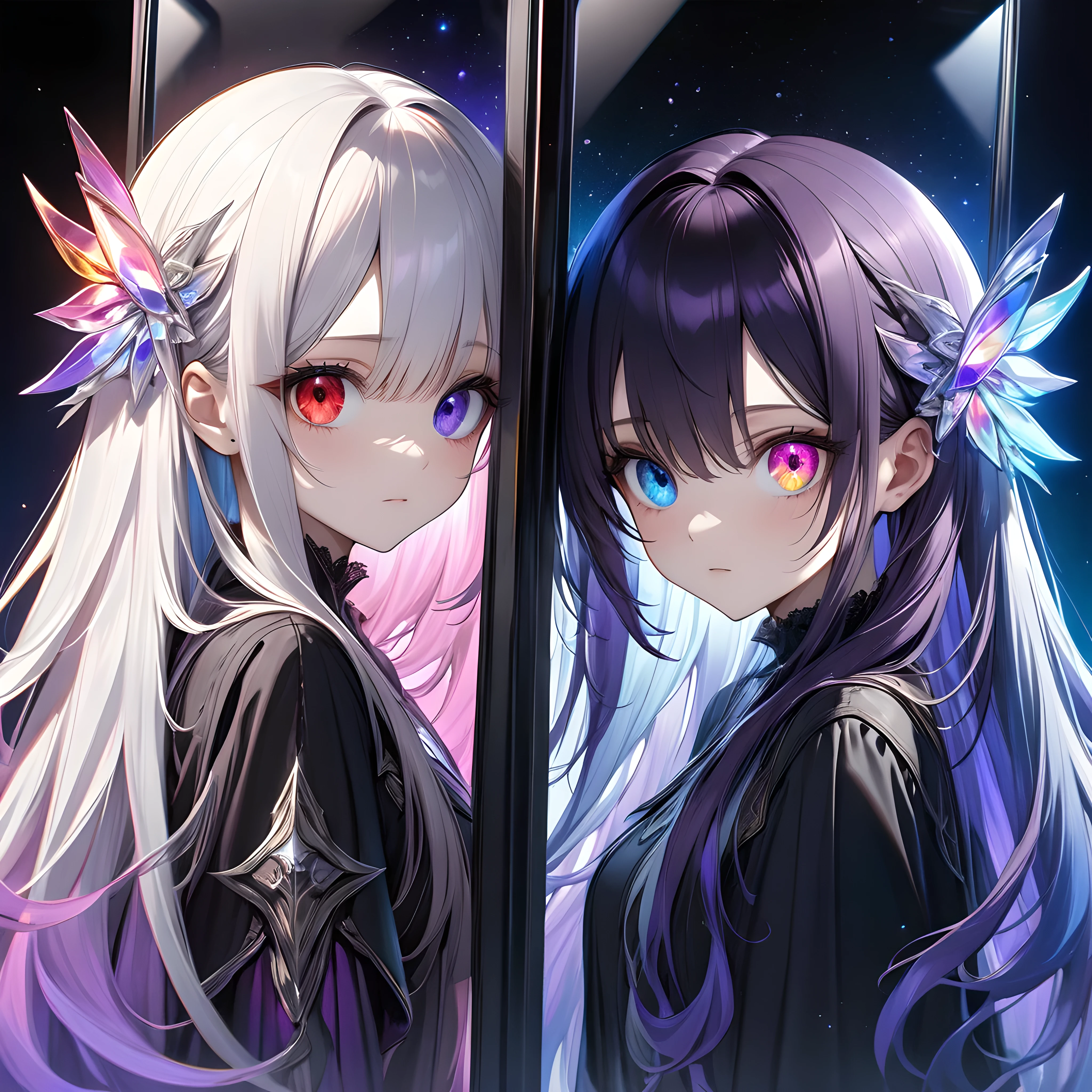 Ultra-realism, highest quality, detailed, 16K, masterpiece, Two Cryptic Girls, Girl of Light and Girl of Darkness, Indifference, Two contrasting people, Indifference, kind, Respect each other, kind,, BREAK The Girl of Light、(Long Hair, White-purple gradation:1.3, Bright colors), (Heterochromia iridis:1.4, Blue Eyes, Red Eye,) Transparent shine, reflection of mirror, Glossy feel,, BREAK The Dark Girl、(Long Hair, White-purple gradation:1.3, Dark coloring), (Heterochromia iridis:1.4, Red Eye, Blue Eyes,) opaque, Glossless, Phantasmal iridescent,, BREAK neon light lighting, Iridescent space, Wide-angle full-body shot, Dynamic perspective, Phantasmal Iridescent,