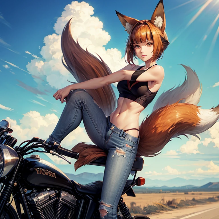 A woman with fox ears and a tail, wearing a tank top and low-rise jeans, riding a motorcycle