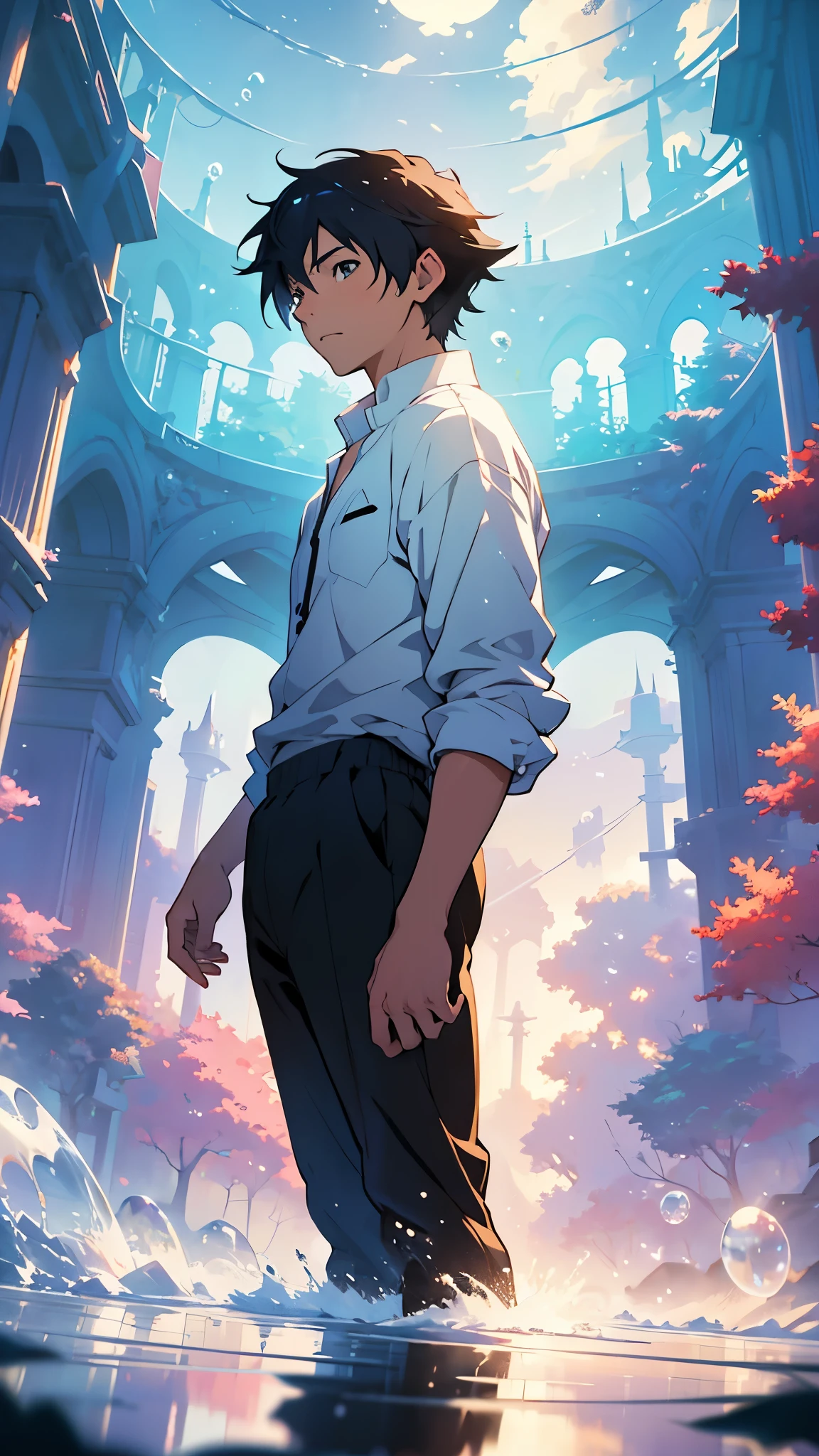 Create a digital render inspired by the styles of Makoto Shinkai, Cyril Rolando, and Yuumei, featuring a man standing on a transparent bubble, gazing at the water. Channel the ethereal atmospheres and emotive storytelling characteristic of Makoto Shinkai's works, with a touch of Cyril Rolando's surrealism and Yuumei's intricate detailing. Render the image in high resolution (2160p) to capture the depth and beauty of the scene.