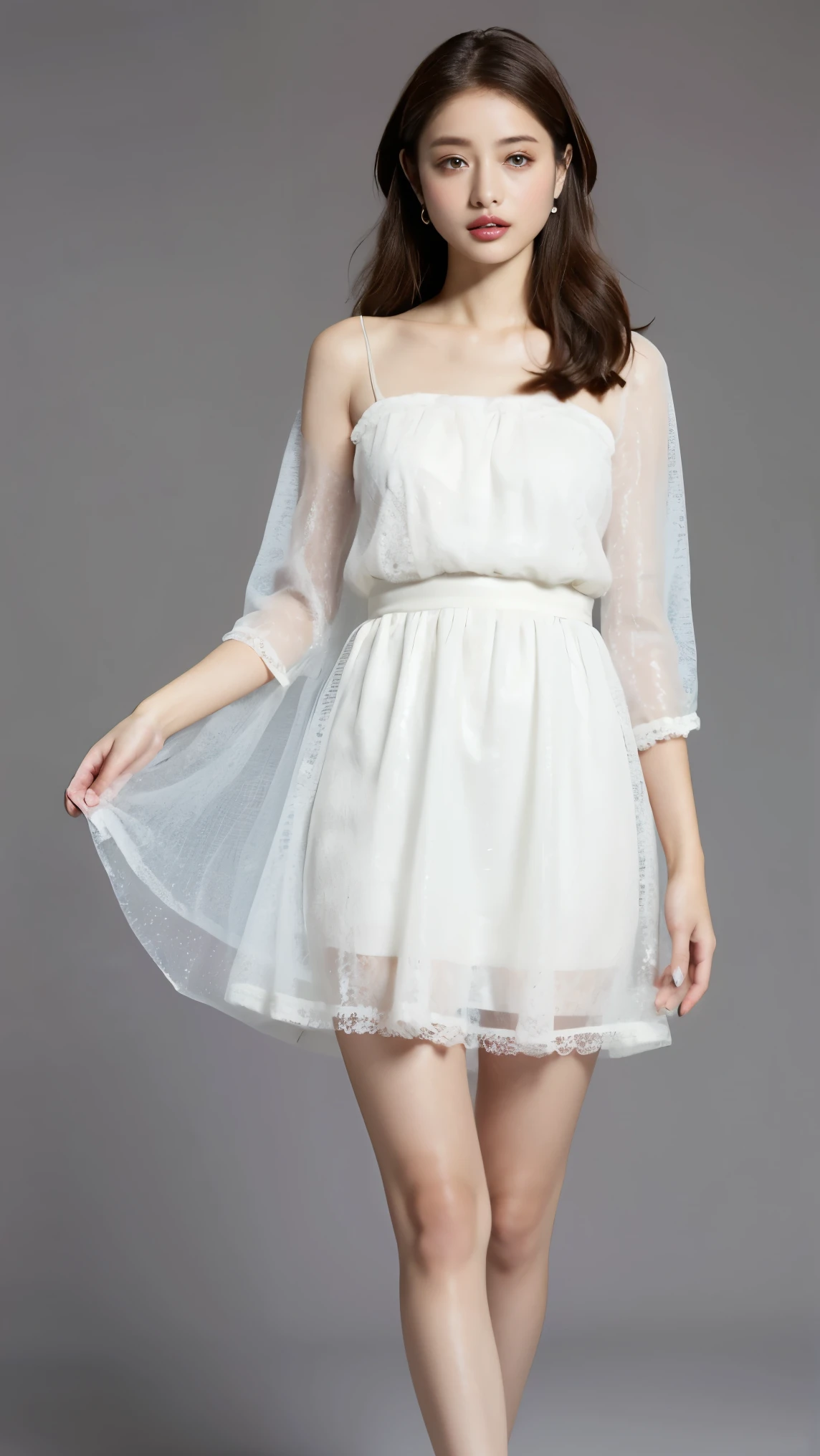 highest quality,masterpiece,Ultra-high resolution,(Actual:1.4),Original photo,Ultra-high resolution,8k,There are women,Fair skin、Sheer white lace mini dress,High heels,Long legs:1.5,Bright and beautiful,high waist,Flashy makeup using red eyeshadow,Gray background,