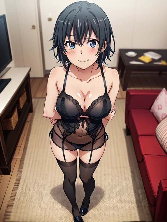 ((masutepiece, Best Quality, hight resolution, nffsw, Perfect Pixel, depth of fields, 4K, )), 1girl in, Solo, , Beautiful anime girl, Beautiful Art Style,
standing:1.3, crossed arms:1.4, living room background,
Perfect body, smile face:1.4, front facing:1.4, full body:1.5,
yukinoshita yukino, short hair, black hair, large breasts, Full face blush, black lingerie, black stockings,
straight on:1.3, medium shot
