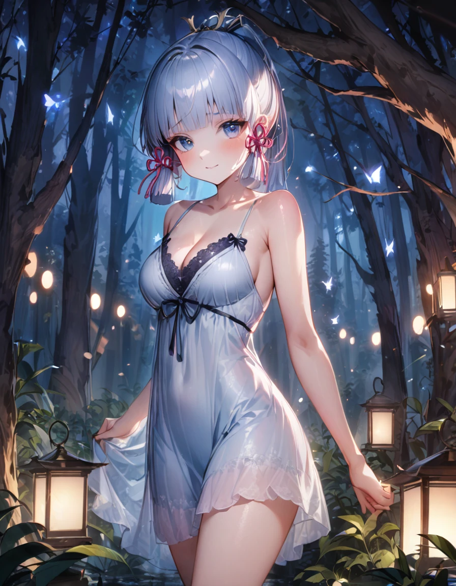 (SFW), ultra-detailed, best quality, soft skin, beautiful, 4K, medium breasts, cleavage, kamisato_ayaka, solo, blush, bright eyes, standing, slim body, narrow waist, (from front:1.5), bare thigh, beautiful-detailed eyes, ((white night gown, comfortable night gown, no sleeves night gown)), ((forest background, nighttime, dark forest with moonlight seeping through the canopy)),