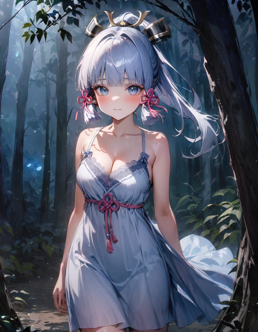 (SFW), ultra-detailed, best quality, soft skin, beautiful, 4K, medium breasts, cleavage, kamisato_ayaka, solo, blush, bright eyes, standing, slim body, narrow waist, (from front:1.5), bare thigh, beautiful-detailed eyes, ((white night gown, comfortable night gown, no sleeves night gown)), ((forest background, nighttime, dark forest with moonlight seeping through the canopy)),