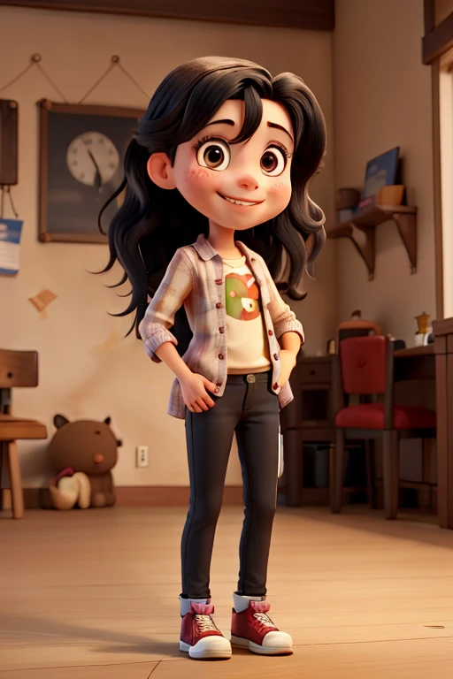 A young Caucasian girl with long, strait black hair, standing on her feet, a proud smile on her face. Cute face. Cute expressions