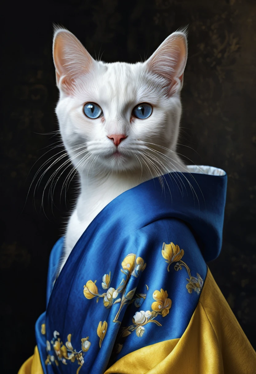 A hyper-realistic digital artwork of an adorable cute white cat in the style of Johannes Vermeer's 'Girl with a Pearl Earring.' The cat should be wearing a blue and yellow headscarf and a yellow robe, similar to the attire in the original painting. The background should be dark and simple, emphasizing the cat's detailed, expressive face and the intricate clothing, highly detailed, perfect wide long shot visual by @challenge2pt masterpiece.

