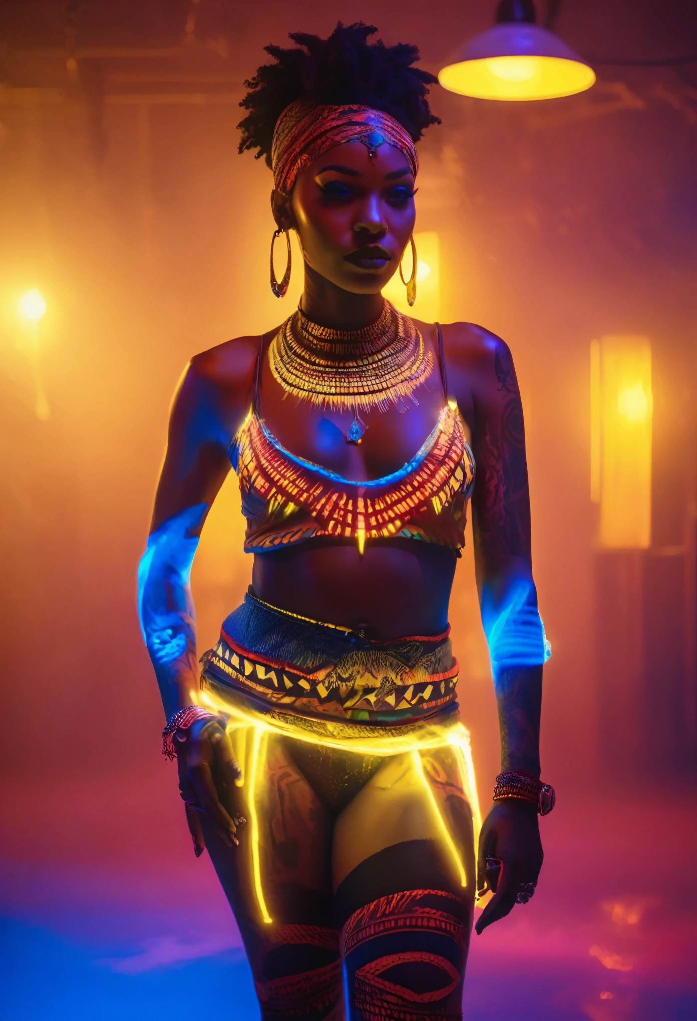 Black woman dressed in African designed clothes with neon lit glowing red and blue tattoos, standing in an empty place with tattoos lighting the scene, a yellow fog atmosphere in the scene, dim lit scene with only the tattoos shining in the scene, providing an atmospheric cinematic colour grading, 32k, 