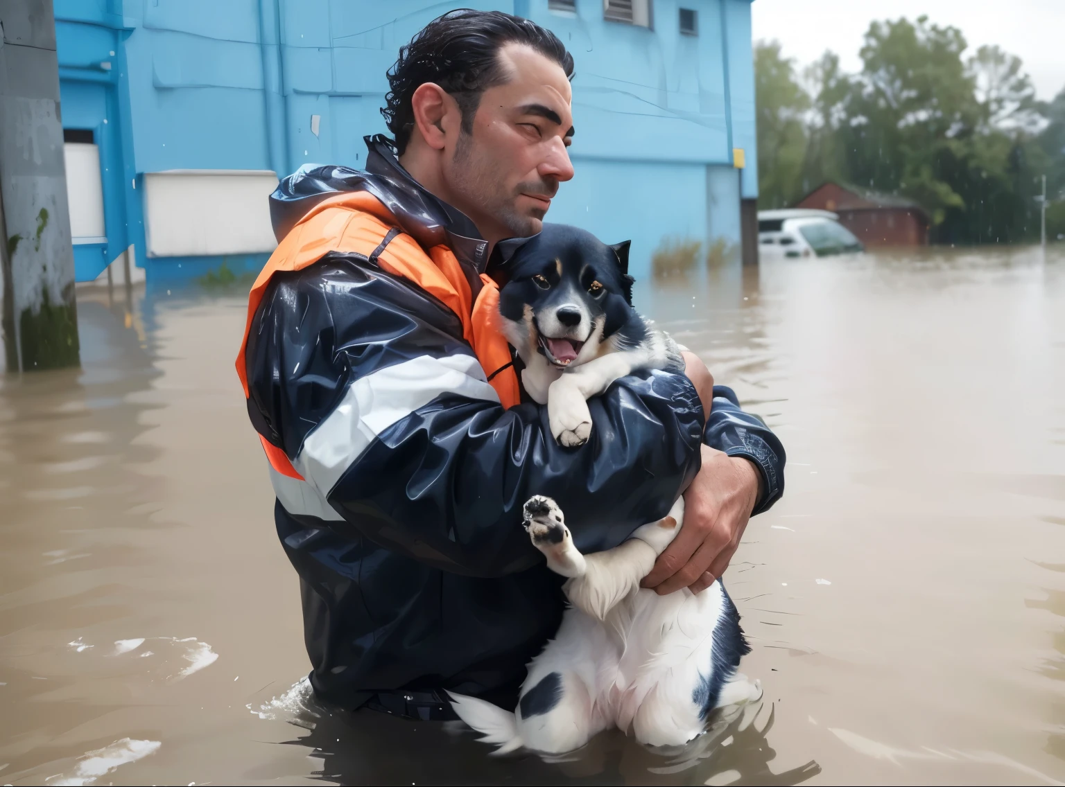 arafed man holding a dog in a flooded area, by Dan Content, wholesome, afp, unedited, very calm and wholesome, by Muggur, by Juan Carlos Stekelman, extreme weather, journalistic photo, aww, by Silvia Pelissero, flooded, with his hyperactive little dog, floods, iralki nadar, very clear picture
