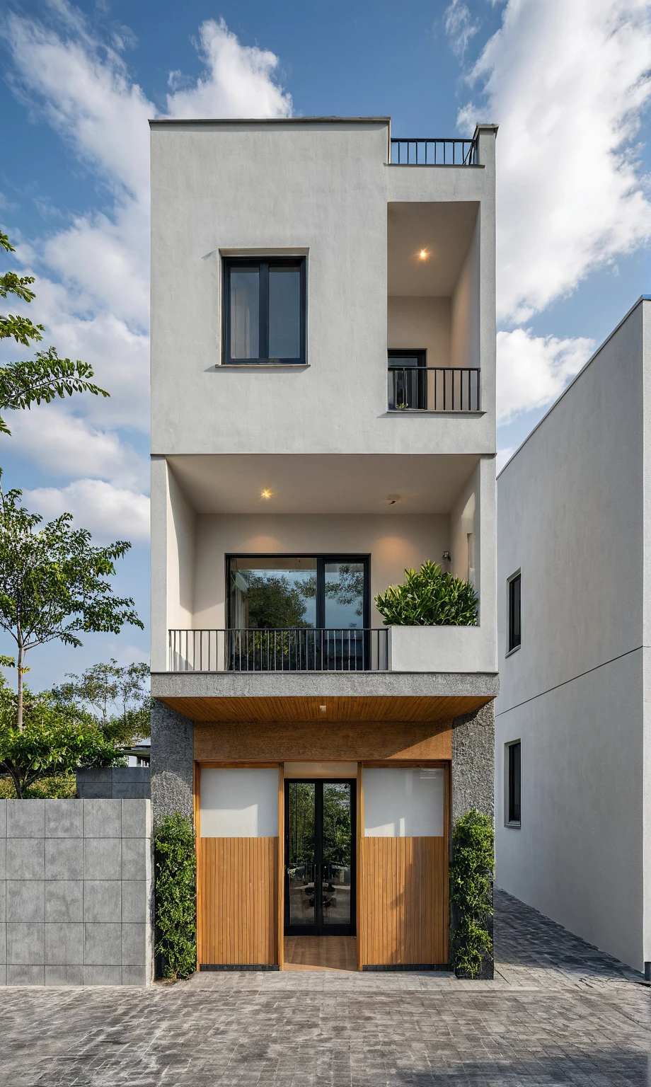 Masterpiece, high quality, best quality, authentic, super detail, outdoors, onestoreyvillaXL, aiaigroup, house style modern on the street ,stairs, white wall ,road,pavement, grass, trees, sky, cloud, (daylight:1.1)