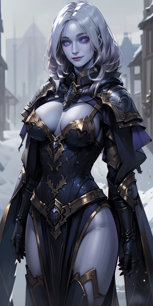 (Triplets) (chest covered) (smile) Gray skin, pale golden hair and violet eyes. They prefer clothing of white and silver with cloaks of deep blue or purple, village background, ((very precise detailed)) ((high res)