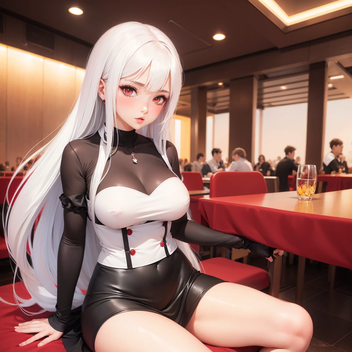 anime style mujer adult hair long white and eyes color red, usando un vestido con mucho escote con los pezones erectos sentada en una silla de un restaurante