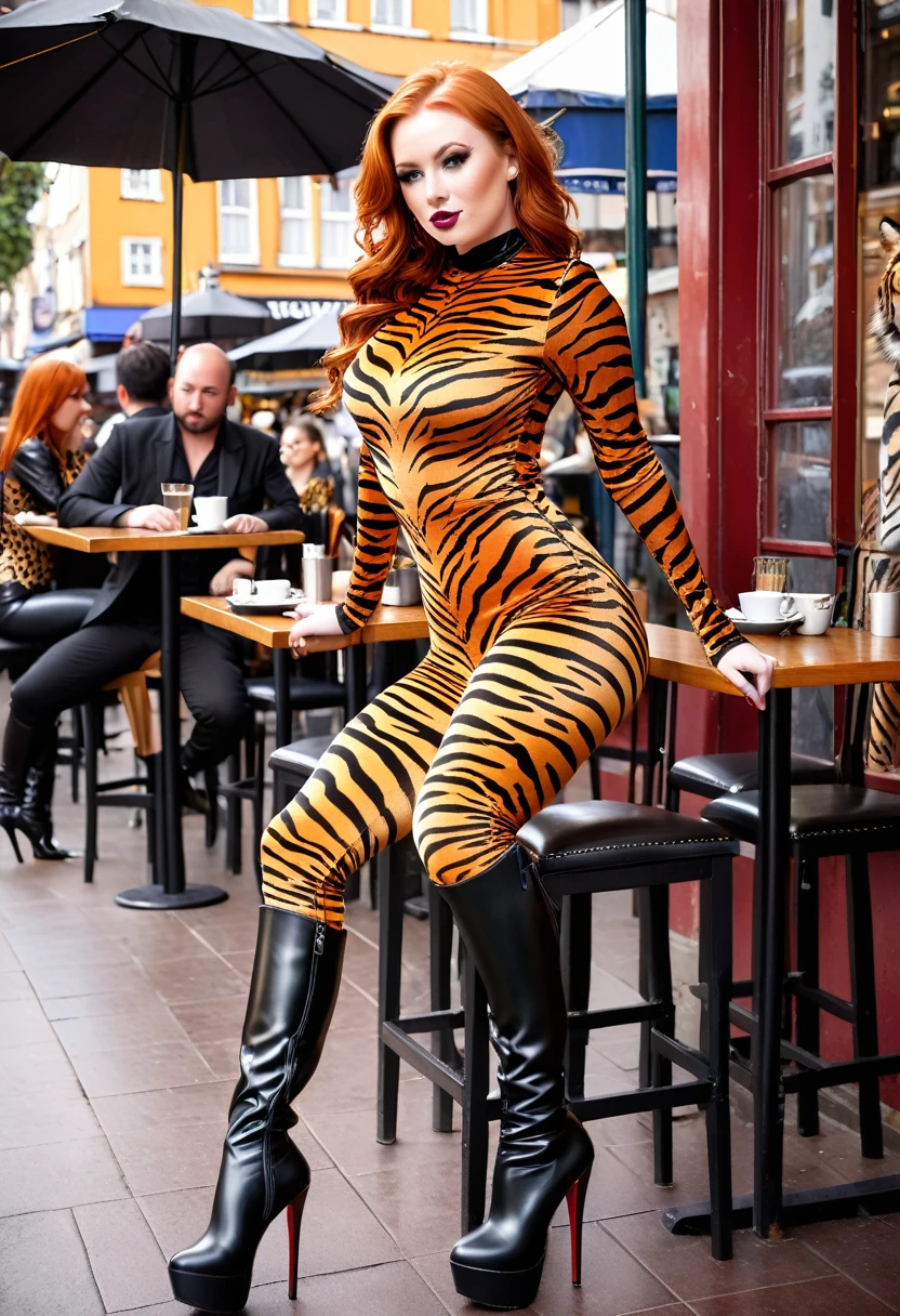 busty 25 year old redhead wearing thigh boots, high heels, and a tiger print catsuit bodysuit, sitting in a busy street side cafe
