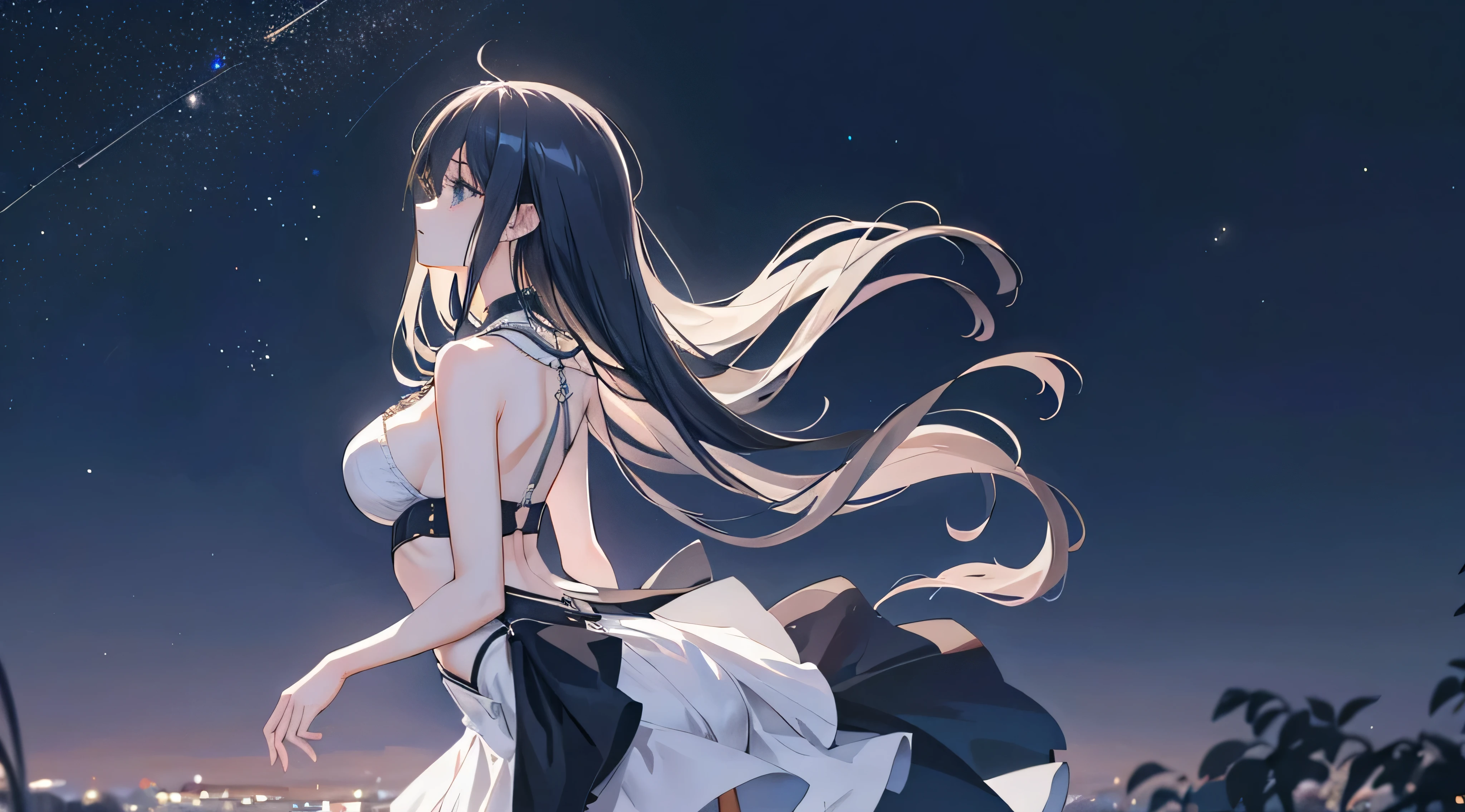 1 girl, slender silhouette with defined thighs, her navel subtly visible, arms gracefully positioned behind her back, (portrait orientation: 1.0), (soft focus: 0.8), (evening twilight: 1.1), her name, three-quarter view, side profile, ethereal atmosphere, moonlit park, elegant long hair cascading down her back, high-quality rendering, masterful digital artistry, stars twinkling in the distance, soft, monochromatic palette, intricate details showcasing the delicate curves and shapes of her figure.