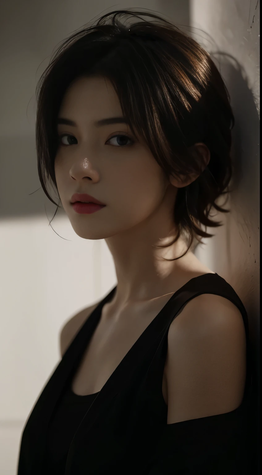Best quality, masterpiece, ultra high res, (photorealistic:1.5), raw photo, 1girl,, in the dark, deep shadow, low key, cold light, sexy look, short hair, smooth , sexy , leaf shadow, loose