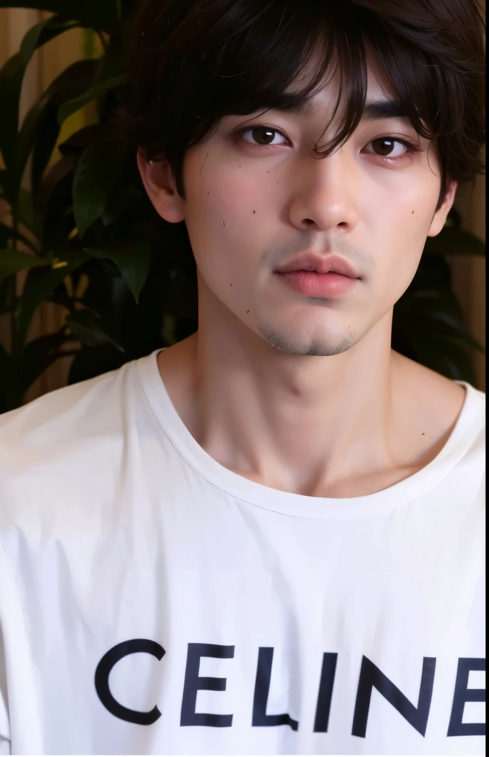 homem arafiado com camisa branca e uma planta ao fundo, profile picture with headshot, Kim TaeHyung , hyung kim, rosto bonito, Jimin\the full lips, inspirado em Kim TaeHyung bts, rosto bonito, taken at the beginning of 2020, Imagem de perfil, Jimin\o nariz grego, hyung tae, realista, Ultra-HD