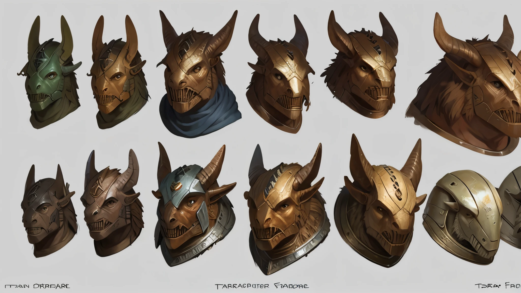 (by Taran Fiddler), (by Weta Workshop) "Fantasy helmet prop design for a dragonborn shaped head.", helmet, helm, armor, full face helmet, white background, prop design, prop sheet, concept art, front view, side view, orthographic, prop turnaround, helmet design, helm concepts, Lord of the Rings, multiple angles, head turn, mechanist